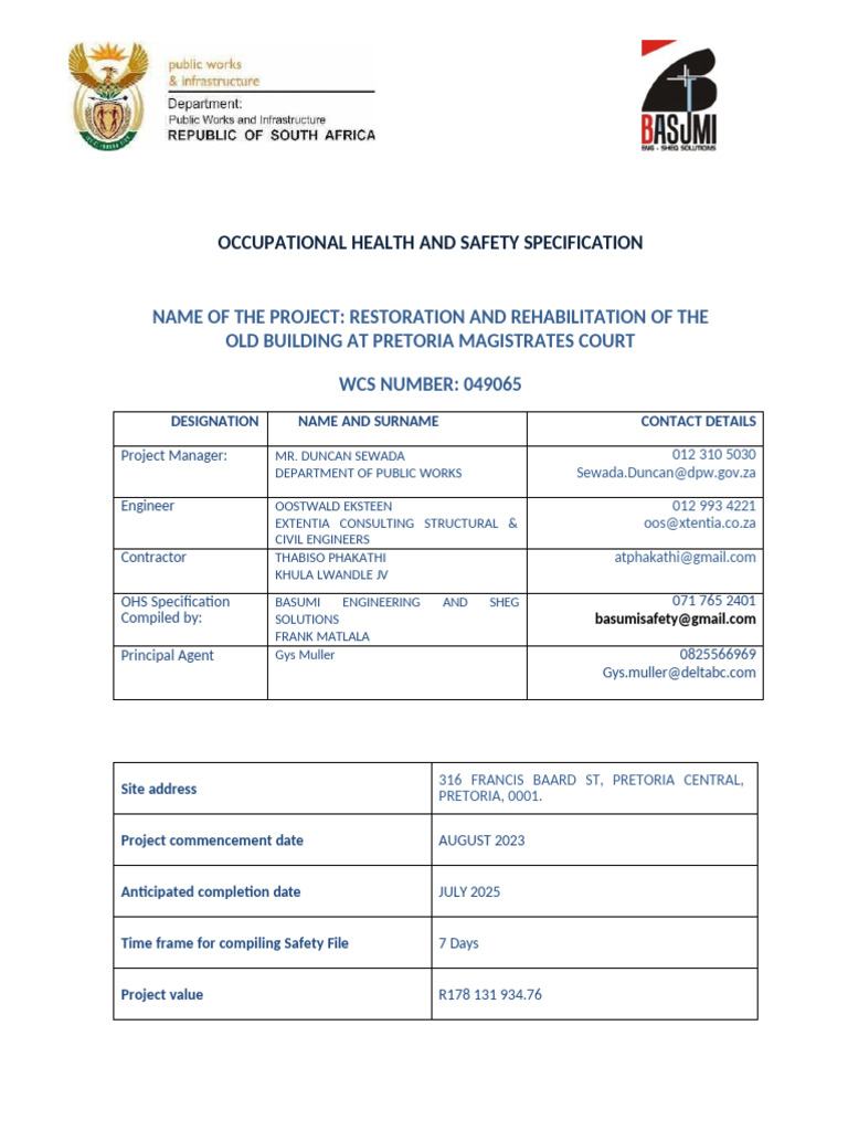 OHS Specification for Pretoria Court Rehab | PDF | Occupational Safety ...