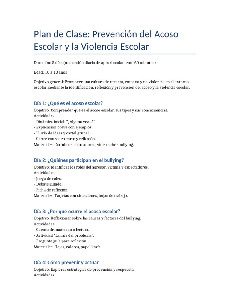 Plan de Clase: Prevención del Acoso Escolar | PDF | Violencia ...
