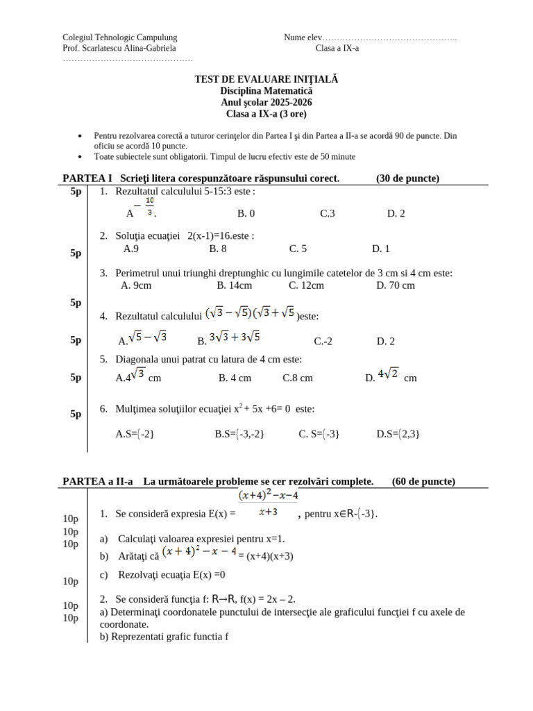 0 Test de Evaluare Initiala Clasa 9 | PDF