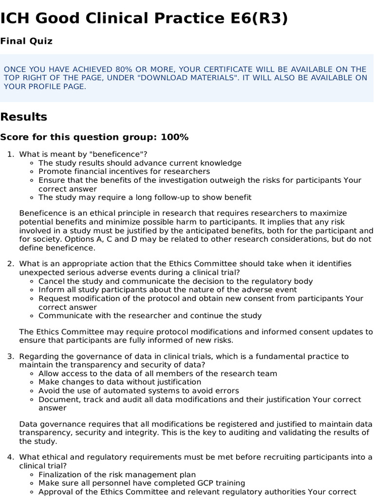 ICH GCP E6(R3) Final Quiz Guide | PDF | Clinical Trial | Informed Consent