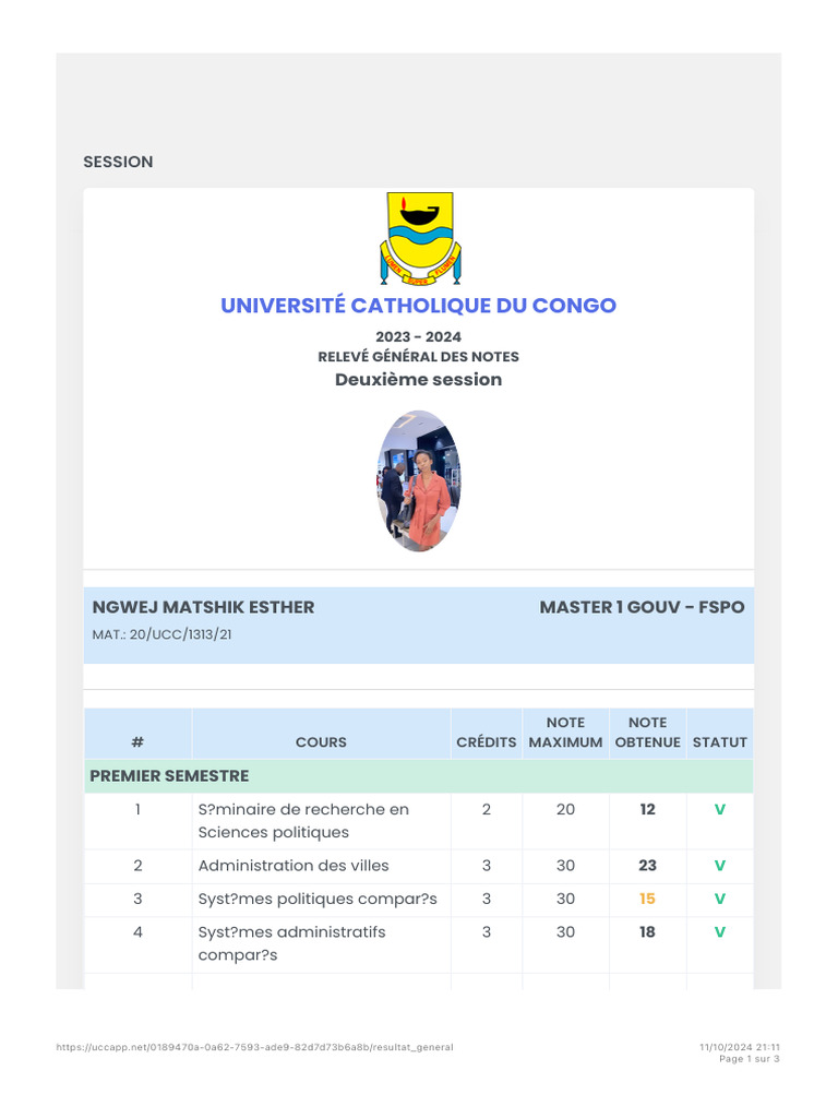 Relevé de notes Master 1 Gouv 2023-2024 | PDF