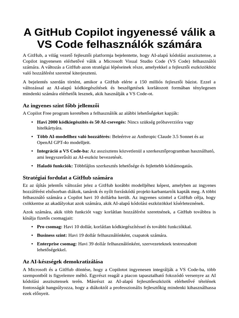 A GitHub Copilot Ingyenessé Válik A Vs Code Felhasználók Számára | PDF