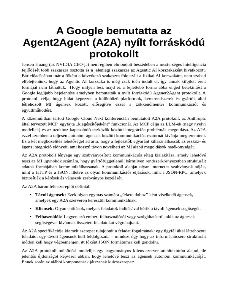A Google Bemutatta Az Agent2Agent (A2A) Nyílt Forráskódú Protokollt | PDF