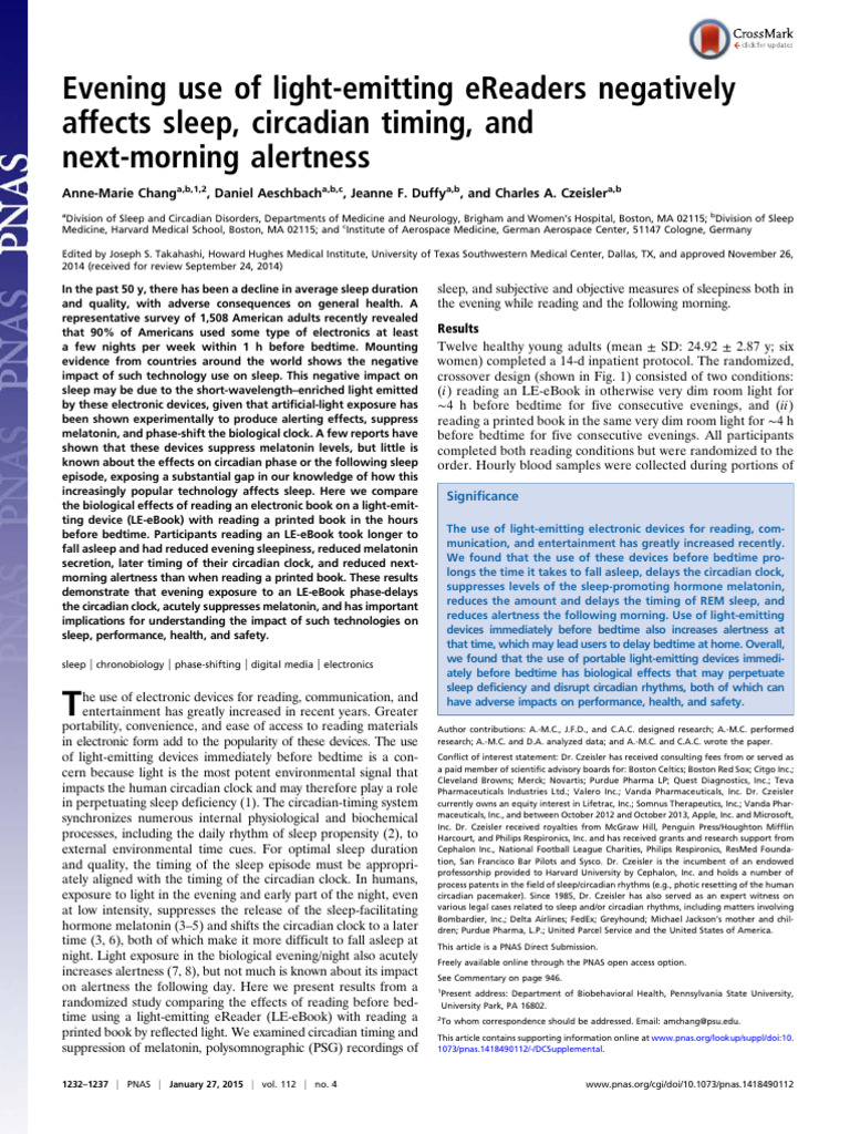 eReaders Disrupt Sleep and Circadian Rhythm | PDF | Circadian Rhythm ...