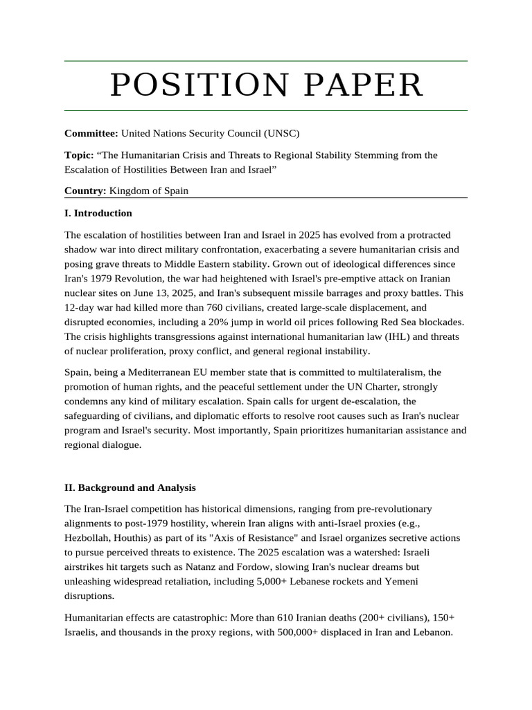 Kingdom of Spain - UNSC - Position Paper | PDF | Israel | World Politics
