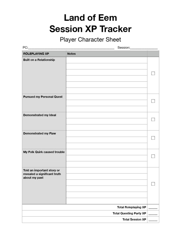 Land of Eem Session XP Tracker - PC | PDF