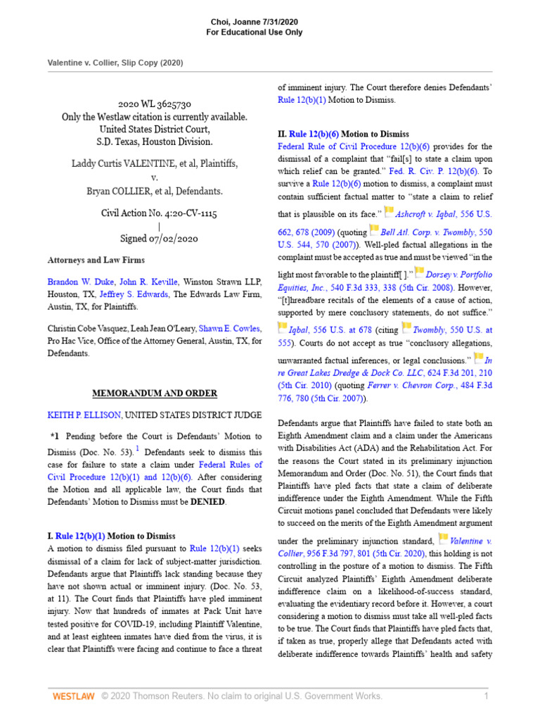 Valentine v. Collier Case Analysis | PDF | Federal Rules Of Civil ...