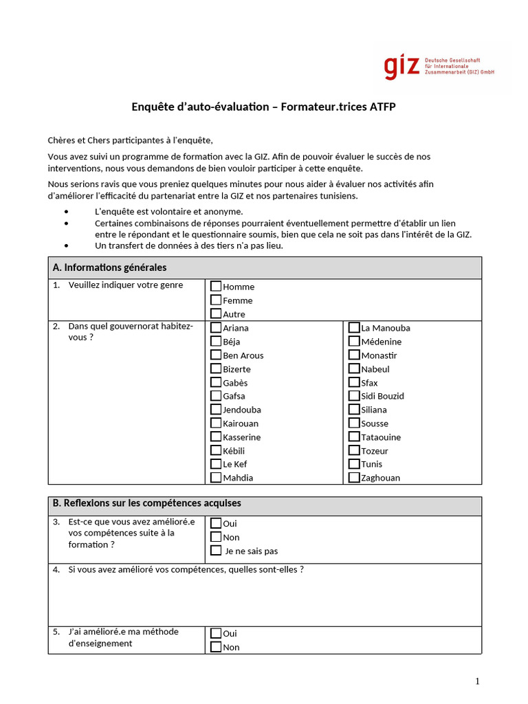 Enquête d'auto-évaluation des formateurs ATFP | PDF