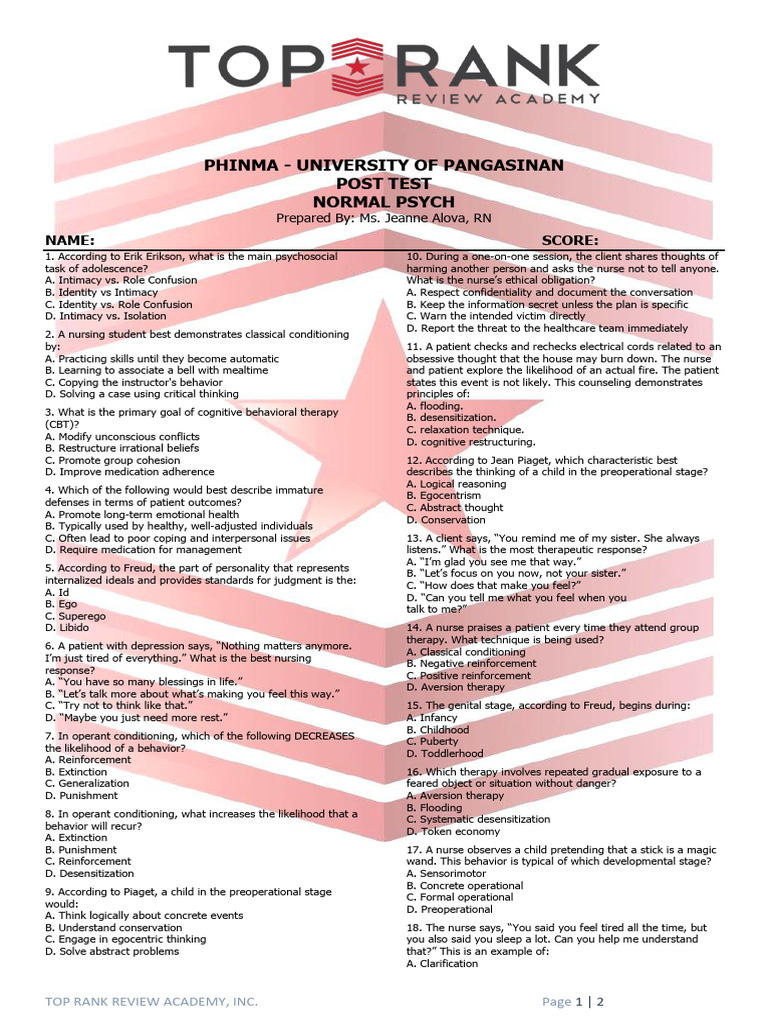 Normal Psychology Post Test Questions | PDF | Learning | Reinforcement
