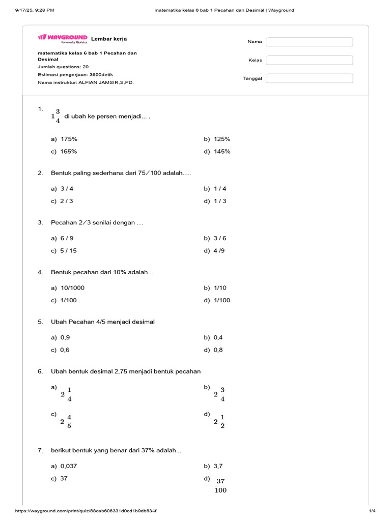 Matematika Kelas 6 Bab 1 Pecahan Dan Desimal - Wayground | PDF