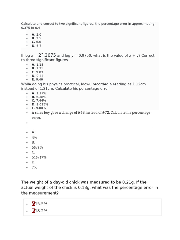 Percentage Error Calculation Questions | PDF