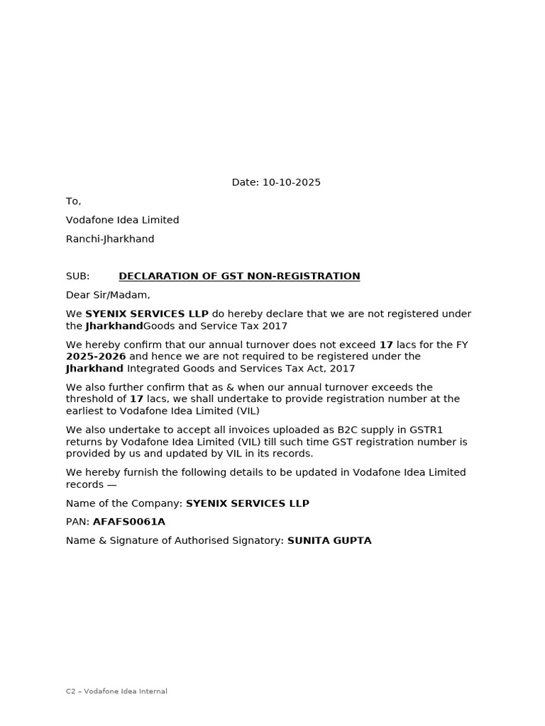 GST Non-Registration Declaration Letter | PDF