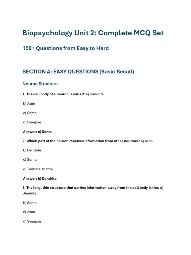 Biopsychology MCQ Set: 150+ Questions | PDF | Action Potential ...