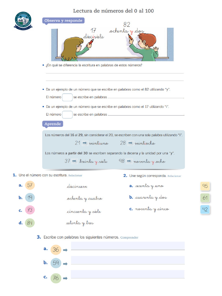 Matemática 1ºA Lectura y Escritura de Números Hasta 100 | PDF