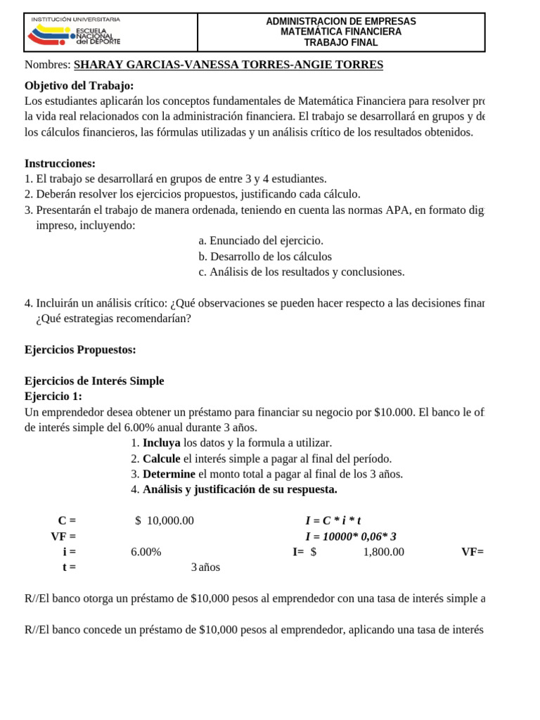 Trabajo Final de Matematica Financiera | PDF | Finanzas Matemáticas ...