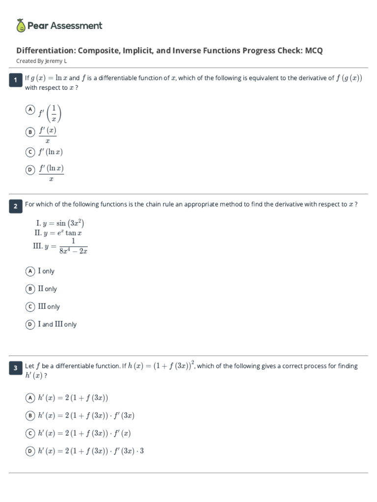 Differentiation: Composite, Implicit, and Inverse Functions Progress ...