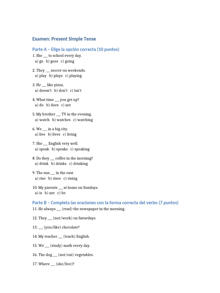 Present Simple Tense Exam Questions | PDF