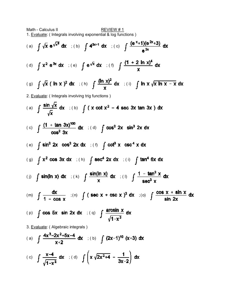 Calculus II Integral Evaluation Review | PDF