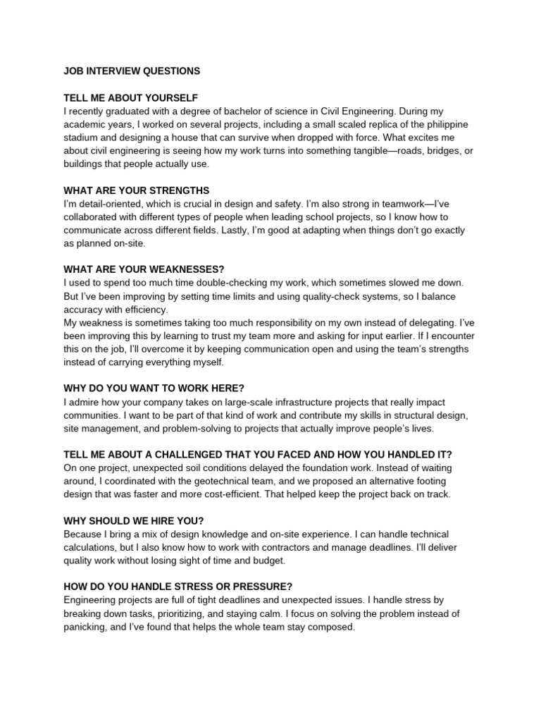 Civil Engineering Job Interview Guide | PDF | Engineering | Cognition