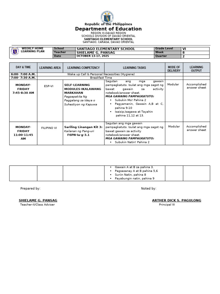 Weekly Home Learning Plan for Grade VI | PDF | Philippines