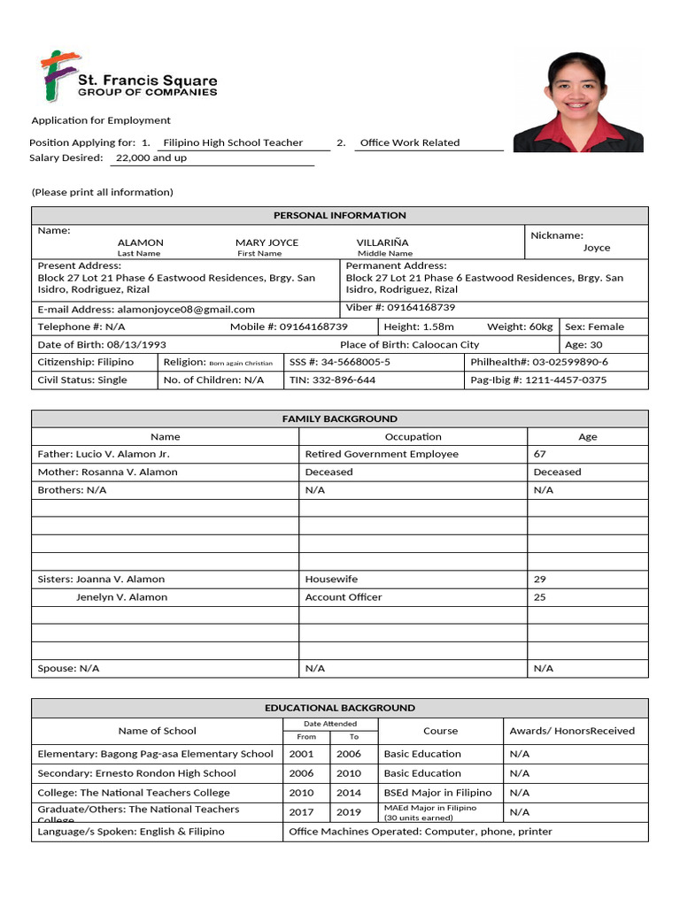 Filipino Teacher Employment Application | PDF