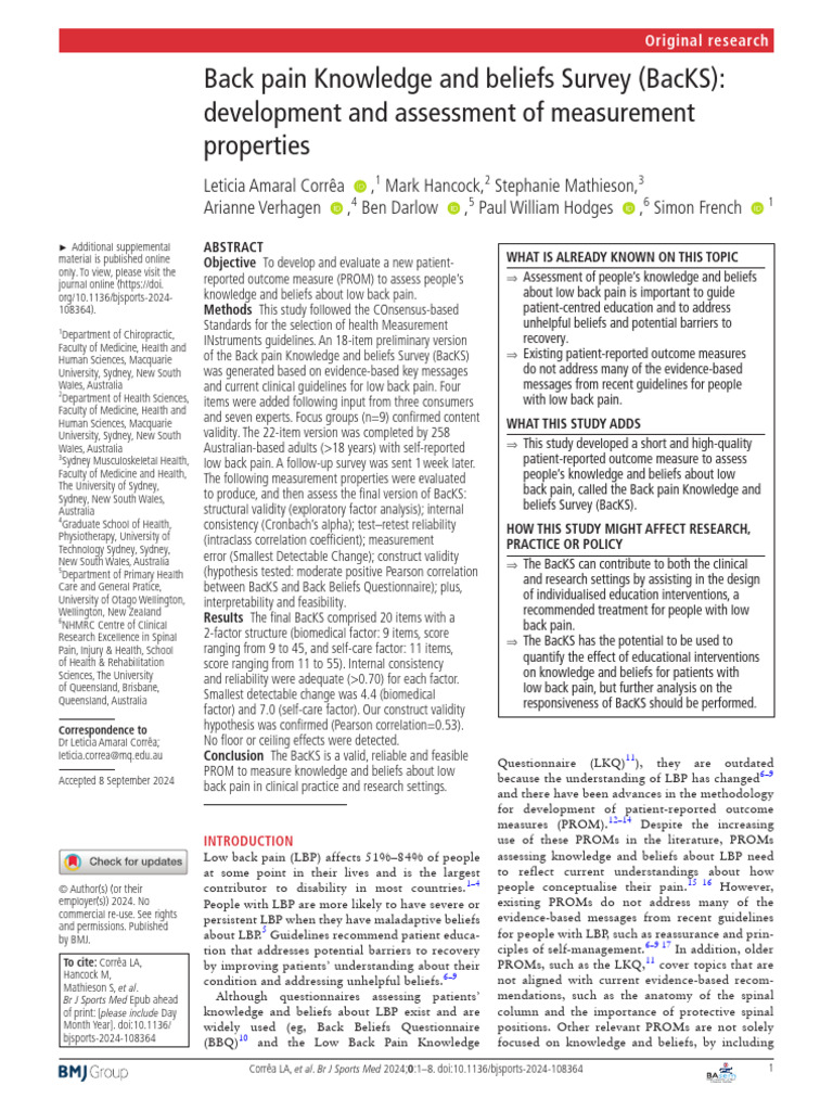 BacKS: Validating Back Pain Knowledge Survey | PDF | Validity ...