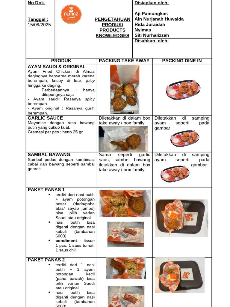 Menu Ayam Fried Chicken Almaz | PDF