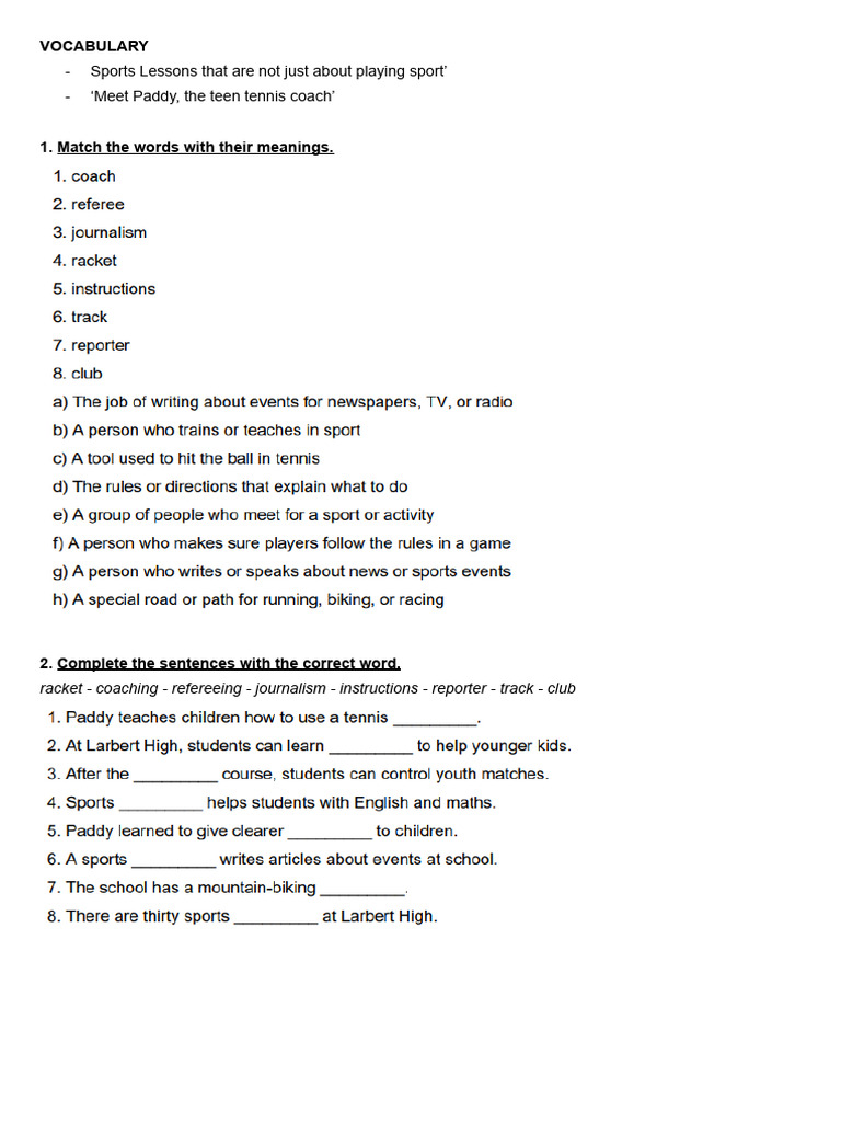 Vocabulary Exercises Reading GE A2 Unit 7 | PDF
