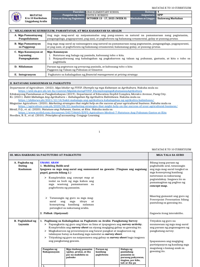 DLL Matatag - Epp 4 q2 w8 | PDF