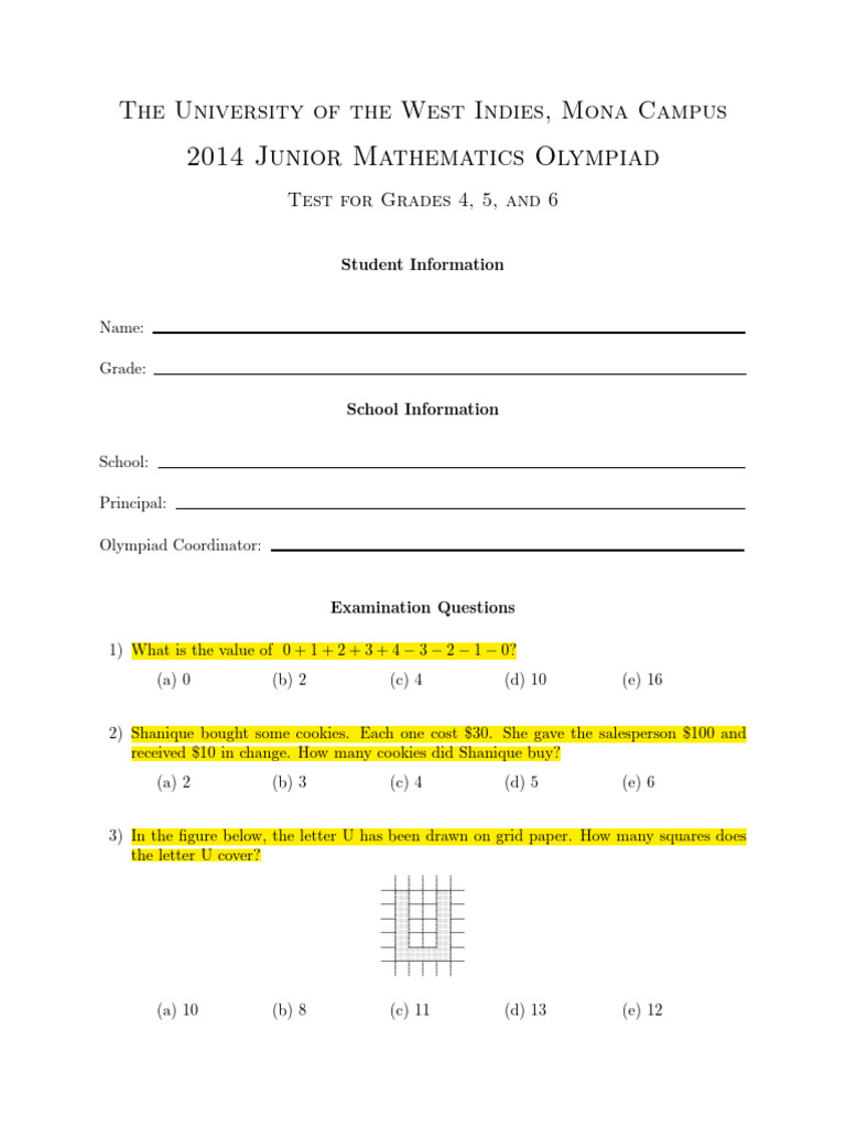 2014 Junior Math Olympiad Test | PDF