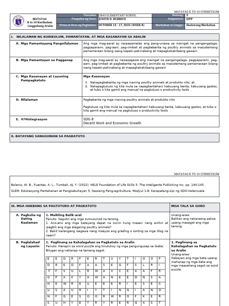 DLL Matatag - Epp 5 q2 w8 | PDF