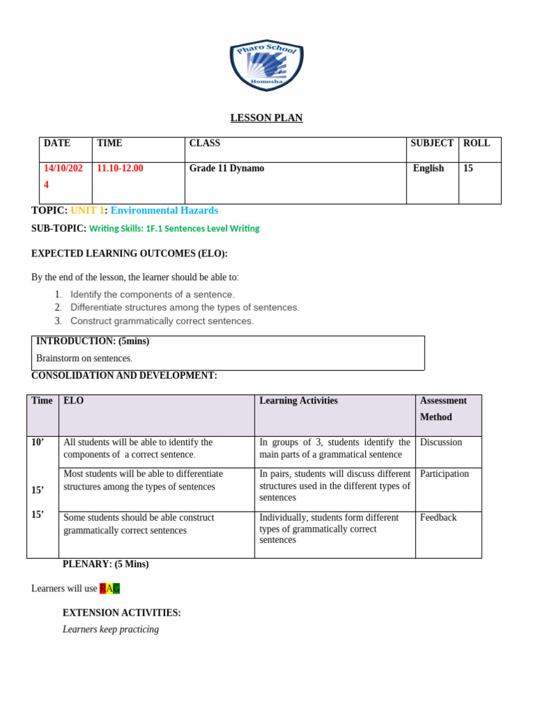 Grade 11 English Writing Skills Plan | PDF | Lesson Plan | Learning