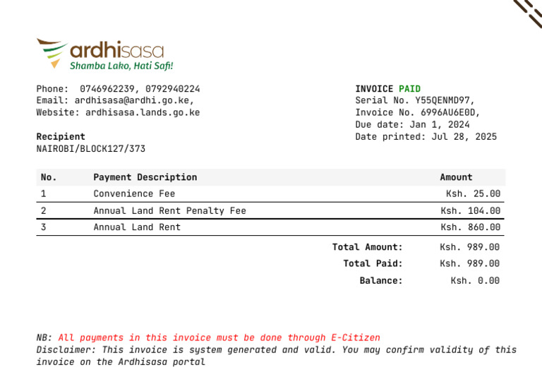 Nairobi Land Rent Invoice Details | PDF