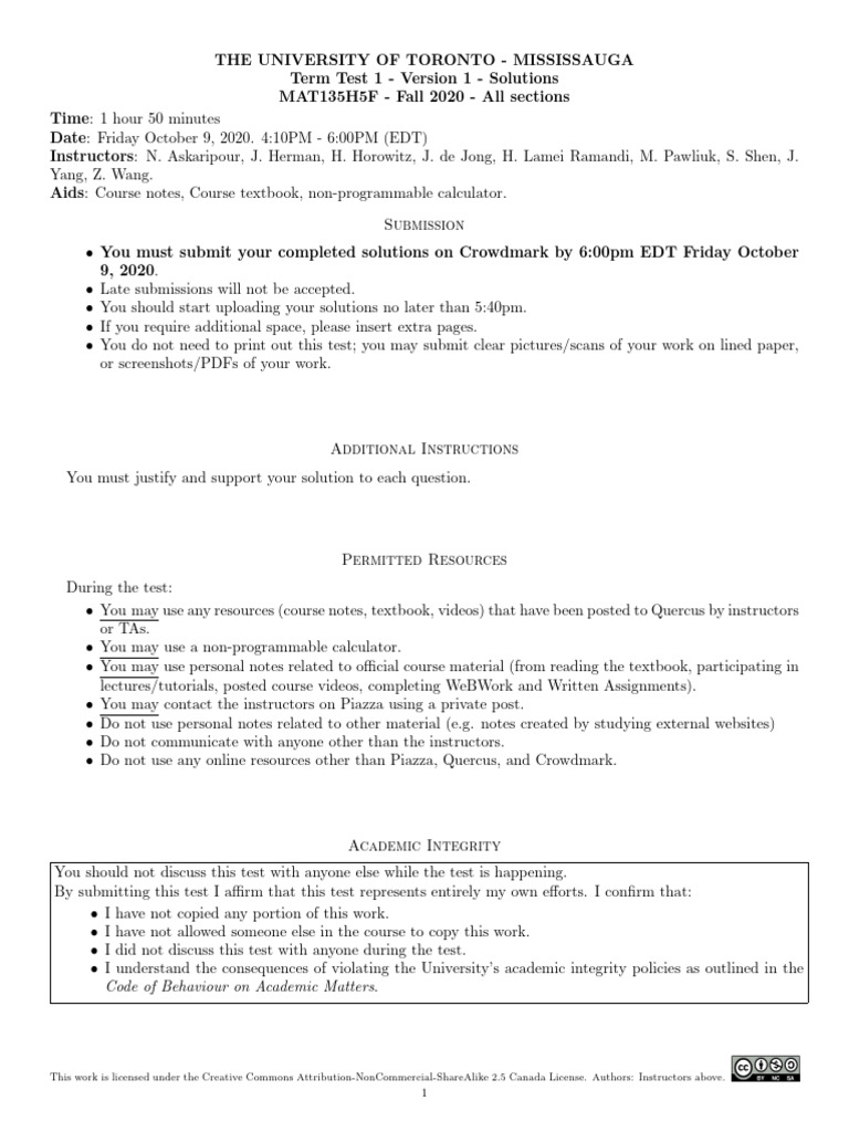 MAT135 Term Test 1 Solutions | PDF | Quadratic Equation | Function ...