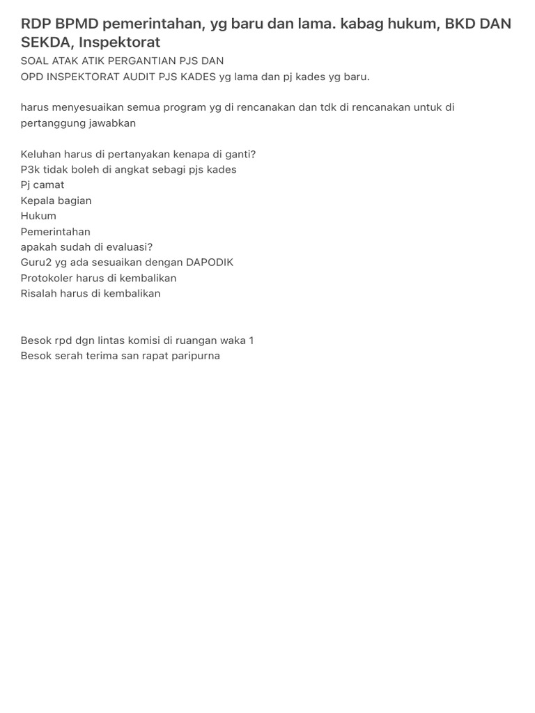 RDP BPMD Pemerintahan, Yg Baru Dan Lama. Kabag Hukum, BKD DAN SEKDA | PDF