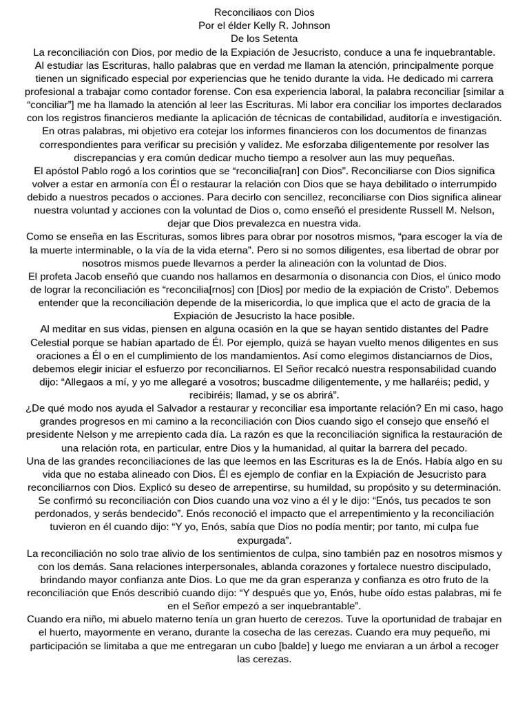 Reconciliaos Con Dios Por El Élder Kelly R. Johnson de Los Setenta ...