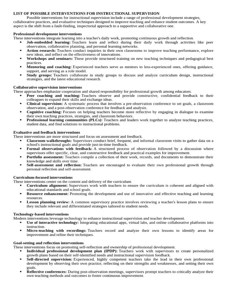 Instructional Supervision Interventions Guide | PDF | Teachers | Mentorship