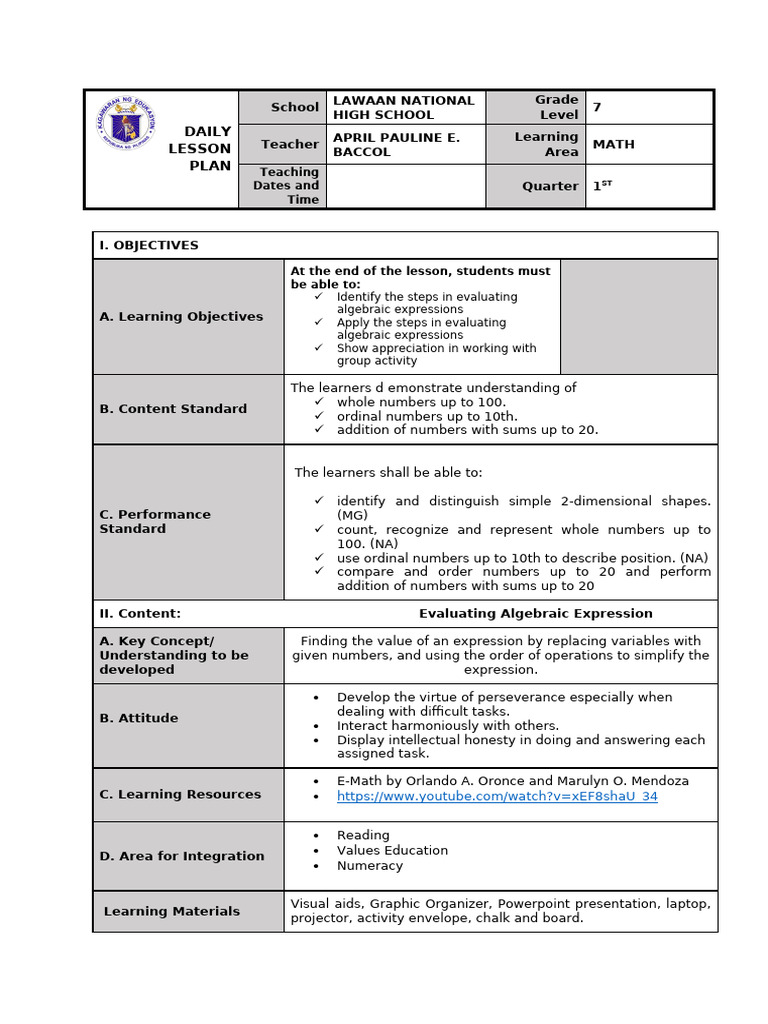 Evaluating Algebraic Expressions Lesson Plan | PDF | Equations | Learning