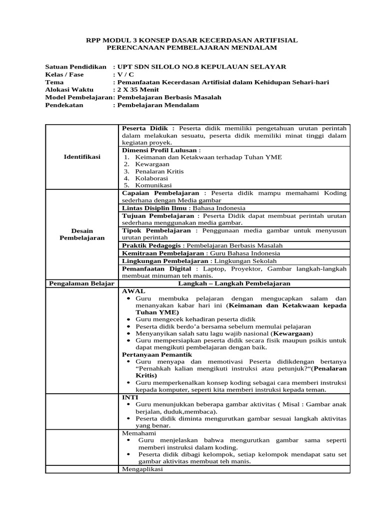 RPP Modul 3 Konsep Dasar Kecerdasan Artifisial | PDF