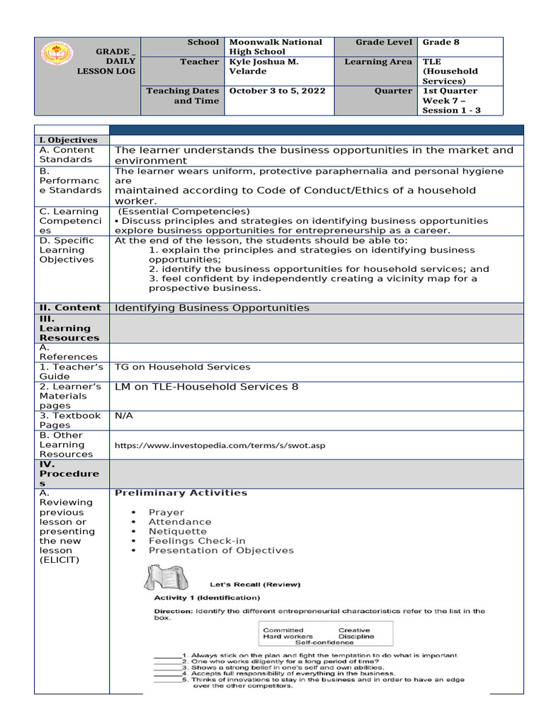 Grade 8 TLE Lesson Plan: Business Opportunities | PDF | Teachers | Learning