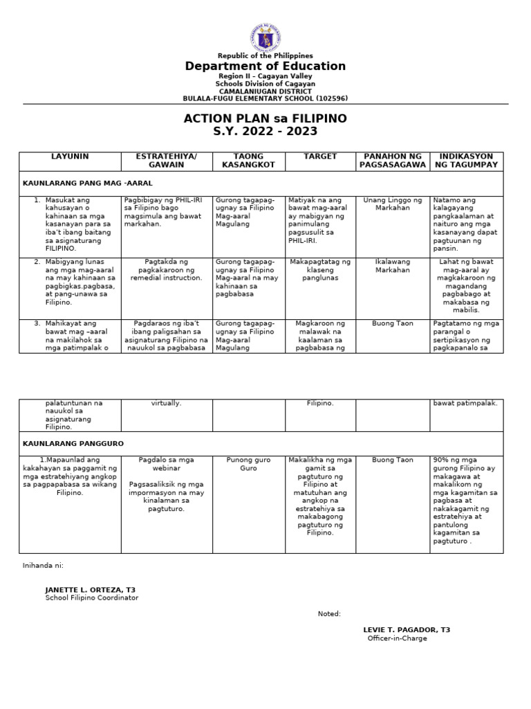 Action Plan Filipino | PDF