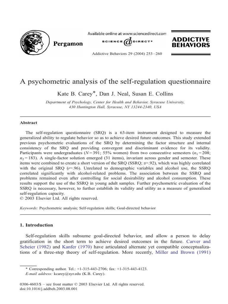Psychometric Evaluation of Self-Regulation Questionnaire | PDF ...