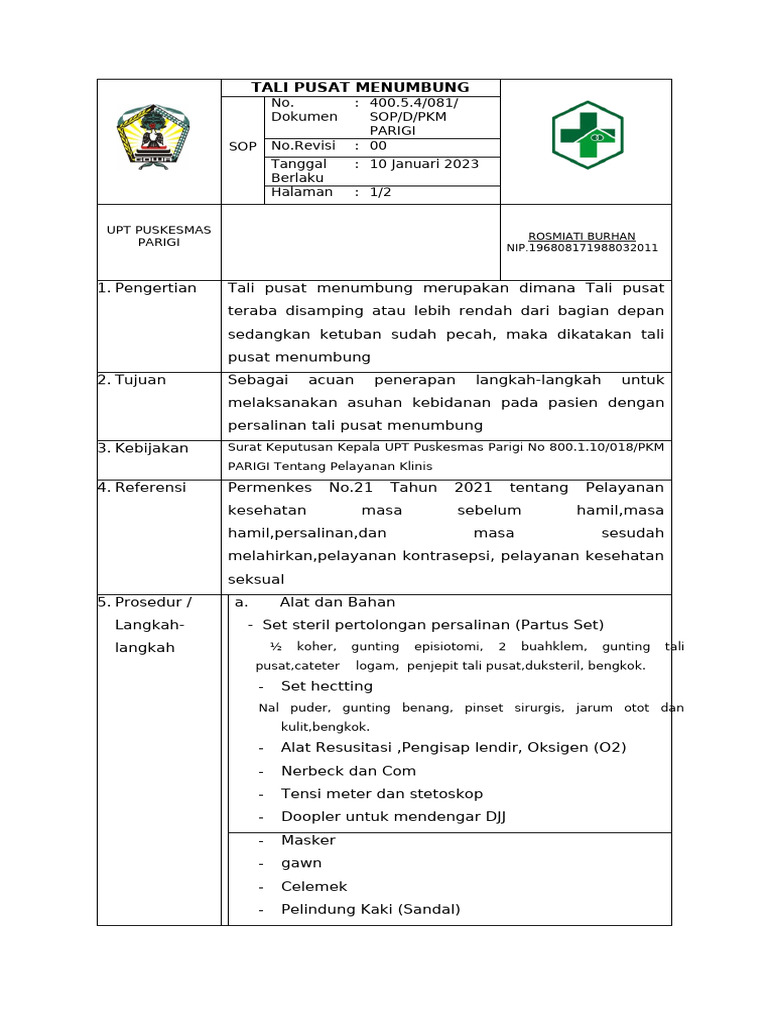SOP Tali Pusat Menumbung Puskesmas Parigi | PDF