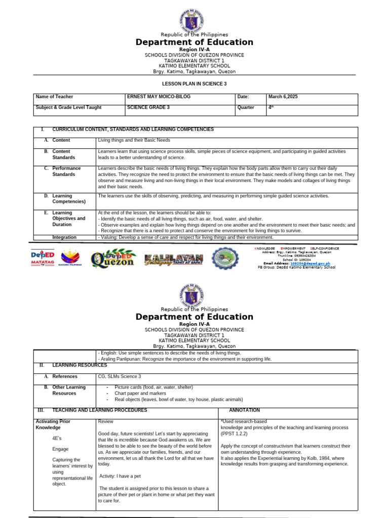 Science Lesson Plan for Grade 3 | PDF | Learning | Science