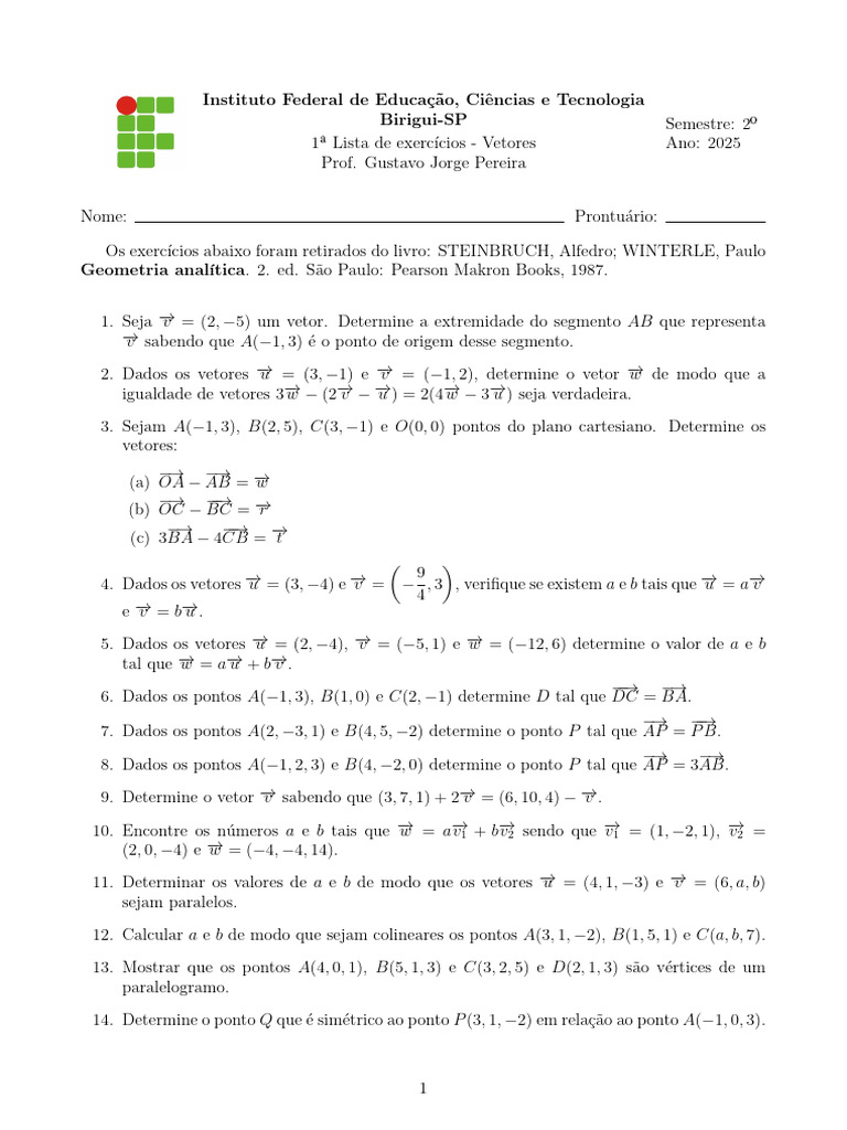 1 Lista de Exerc Vetores | PDF | Vetor euclidiano | Matemática