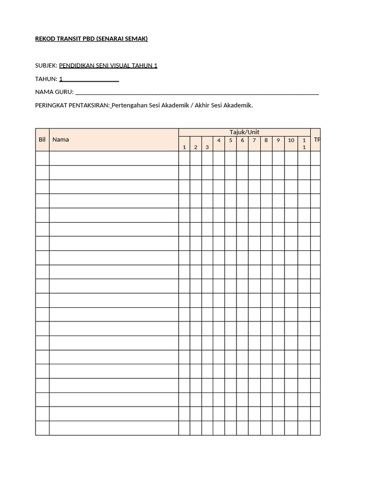 Rekod Transit PBD PSV THN 1 (Senarai Semak) | PDF