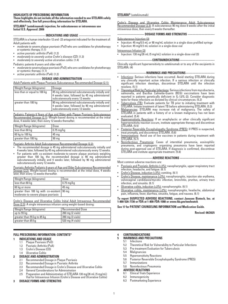 STELARA® (Ustekinumab) Prescribing Info | PDF | Human Diseases And ...