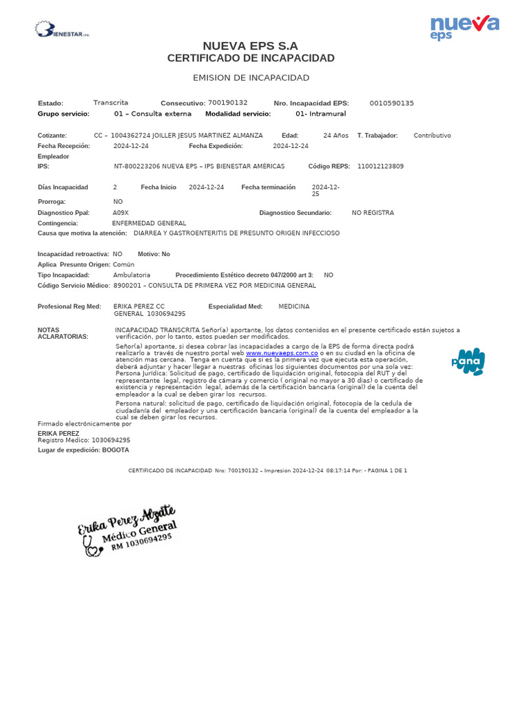 Certificado de Incapacidad Nueva EPS | PDF