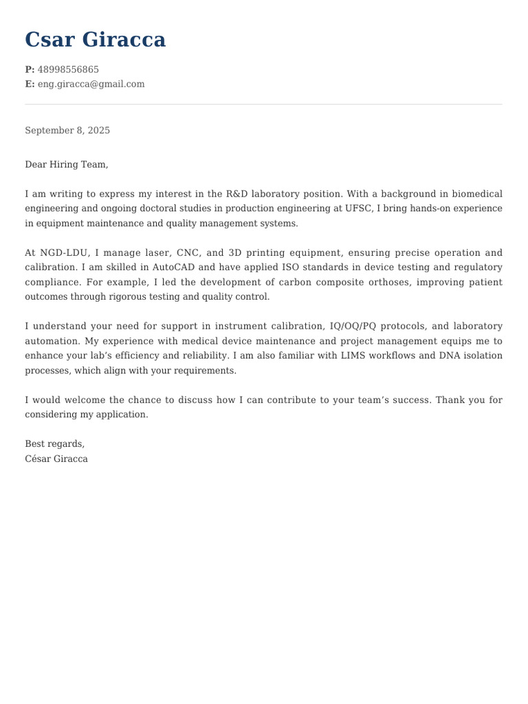 R&D Laboratory Position Application | PDF