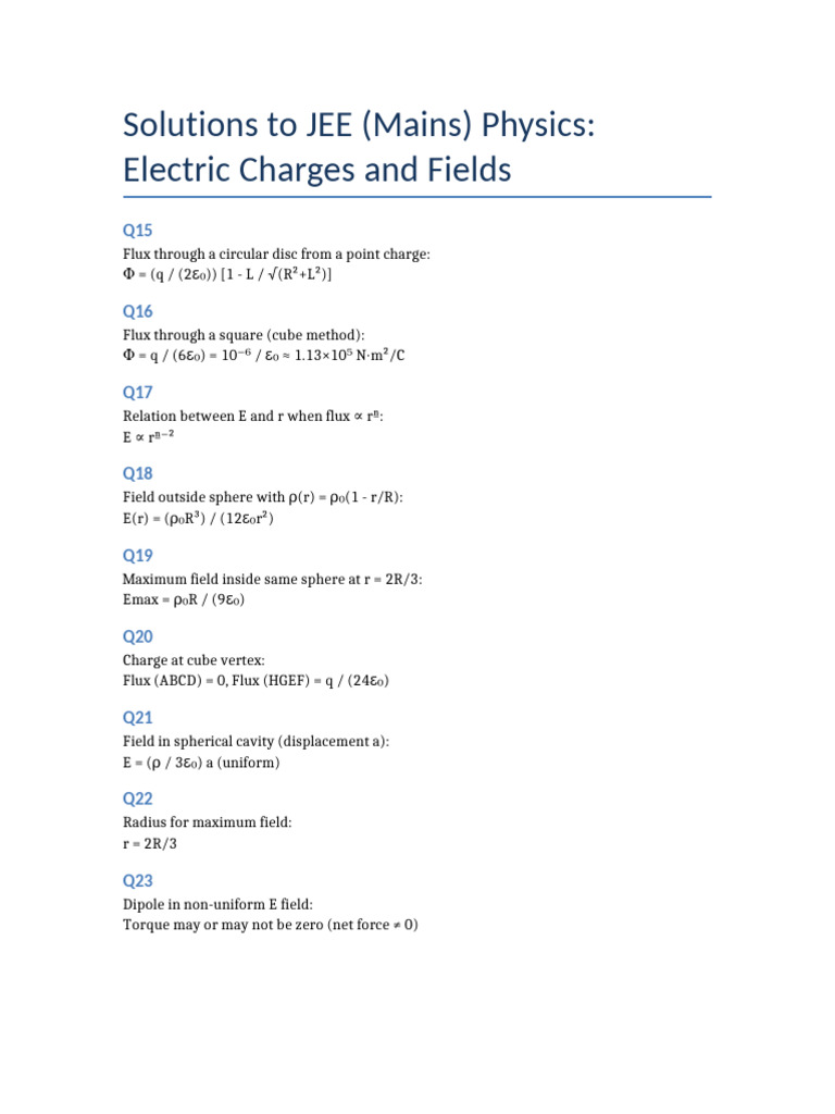 JEE Mains Physics: Electric Charges Solutions | PDF | Force | Torque